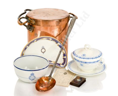 A COLLECTION OF ASSORTED ROYAL YACHT DINING WARE comprising a porcelain soup tureen, cover and stand; a shaped vegetable side