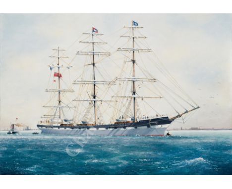 δ WILLIAM M BALL (BRITISH, 1923-2008) The barque 'Harbinger' at anchor Signed and dated 'William M. Ball 98' (lower right) Oi