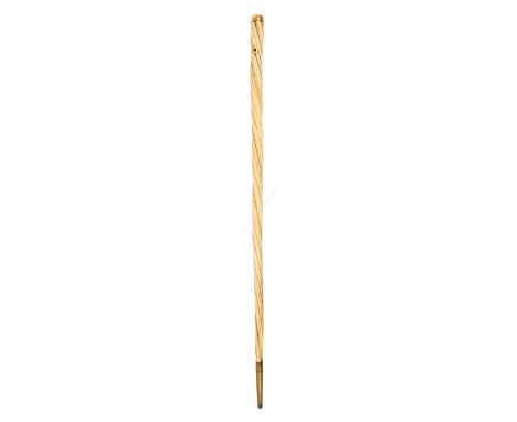 Ø A 19TH CENTURY GOLD-MOUNTED NARWHAL TUSK WALKING STICK with brass ferrule and strap plates, terminating in gold cap -- 34½i