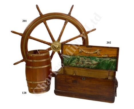 A WOOD AND BRASS BARREL , POSSIBLY A RUM CASK, FROM H.M.S. IRON DUKE now converted to a stick stand with tray and base and re