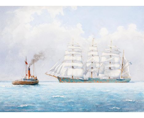 δ WILLIAM M BALL (BRITISH, 1923-2008) Tug attending to a Rickmer Line barque Signed and dated 'William M Ball 88' (lower righ