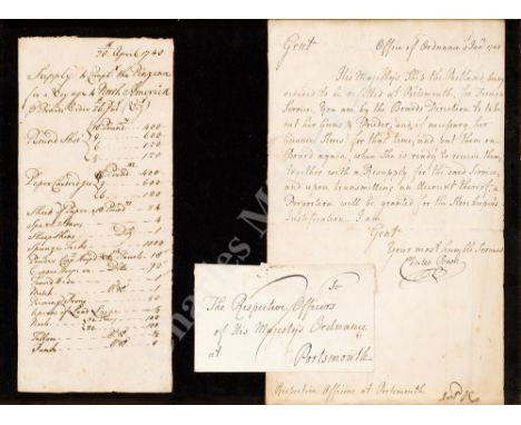 'OFFICE OF ORDNANCE, 1745...' issued by Charles Bush, one page to the Respective Officers at Portsmouth charging them with re