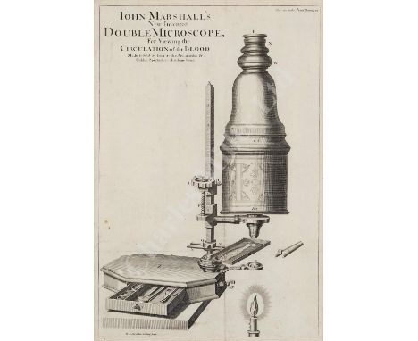 "JOHN MARSHALL'S NEW INVENTED DOUBLE MICROSCOPE ..." engraved pictorial advert from the Lexicon Technicon circa 1704, with pr