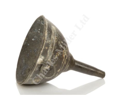 † A PEWTER WINE FUNNEL RECOVERED FROM THE ASSOCIATION , WRECKED OFF THE ISLES OF SCILLY IN 1707 the bowl with turned decorati