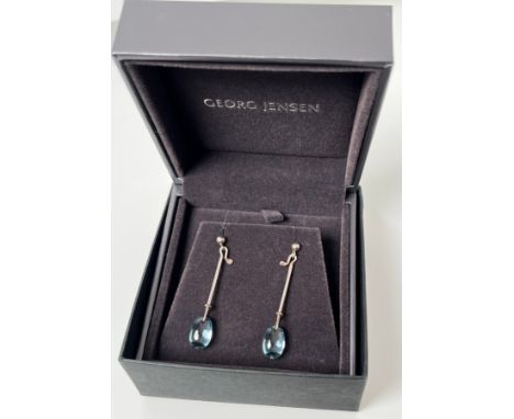 A Boxed pair of Georg Jensen 925 silver earrings; Timeless Georg Jensen Vivianna Torun 'Dew Drop' Blue topaz earrings. Model 