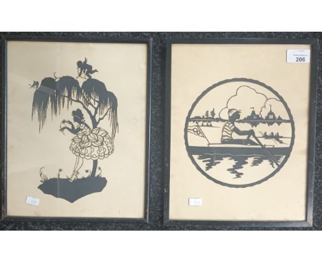 A pair of vintage detailed sihouettes of a young girl under a Weeping Willlow Kola Yum and a young boy rowing.[Frame 32x26cm]