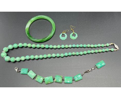 A Selection of jade and green hardstone jewellery; Jade bangle, bracelet and necklace with 925 clasp and catches, and a pair 