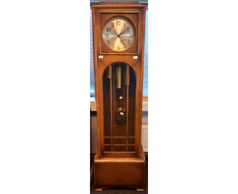 20th century oak cased grandfather clock, comes with three weights and pendulum. [194x55x30cm] 