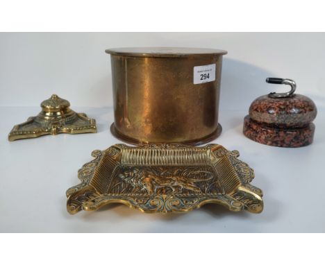 A world war one German polte dez 1916 trench item from Magdeburg, 2 brass Inkwell items along with small granite curling ston