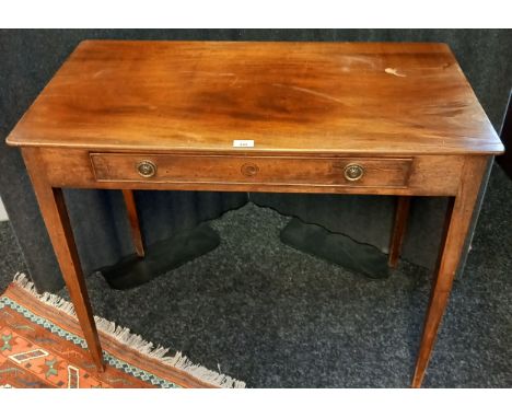 19th century mahogany console table. Rectangular top with a single frieze drawer and raised on square tapered legs. [75x92x48