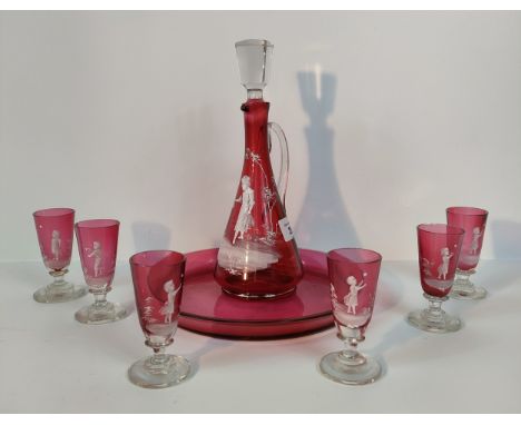 A Mary Gregor cranberry decanter &amp; glass set with matching tray [23.5cm] 