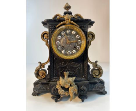 A French Victorian mantle clock with cherub scene face with pendulum [31.5cm] 