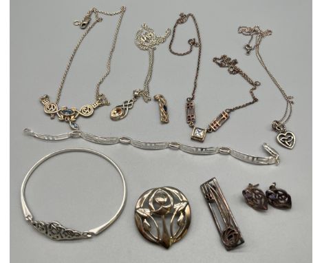 A Collection of silver jewellery; Mackintosh style silver jewellery- brooch, earrings, bangle, pendants and necklaces. 