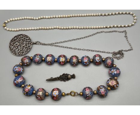 Vintage jewellery; Venetian Murano glass bead necklace, 9ct gold and freshwater pearl necklace, Edinburgh Silver 'Iona' Thist