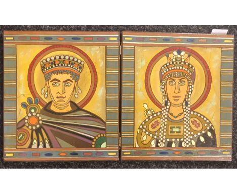 Two fold hand painted screen depicting portrait of Theodora (500-548) Empress of the Byzantine Empire and Justinian I 's cons