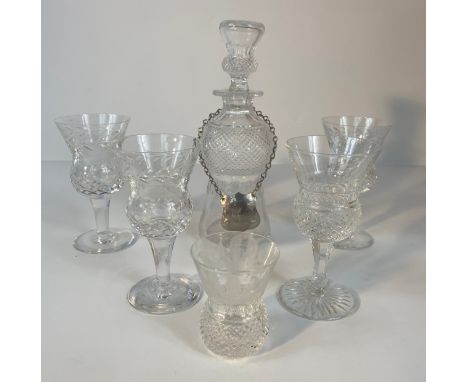 An Edinburgh crystal thistle design Decanter set with whisky label with selection of Edinburgh crystal thistle design glasses