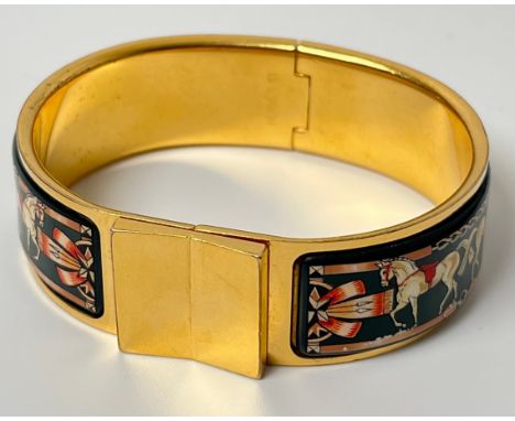 Hermes Paris enamel printed Equestrian bangle. Gilt metal structure showing green horse design panels. [2x6.5x5.5cm] 