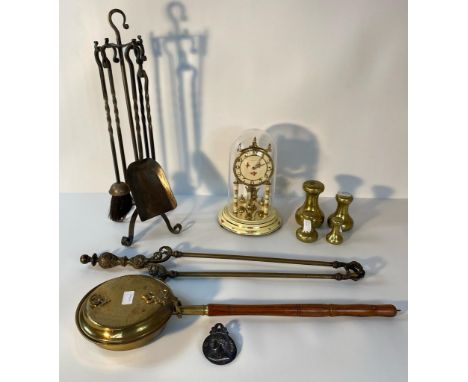 A selection of vintage brass fire utensils, kundo dome mantle clock &amp; set of vintage brass weights 