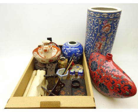 Chinese Kutani bowl and vase, oriental stick stand, pair Japanese lacquer glove boxes, Imari plate, various Chinese hardwood 