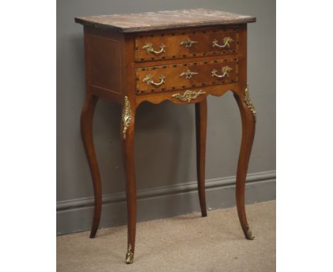 Small French style inlaid walnut bedside/lamp table, marble top, two drawers, cabriole legs, W51cm, H78cm, D35cm Condition Re