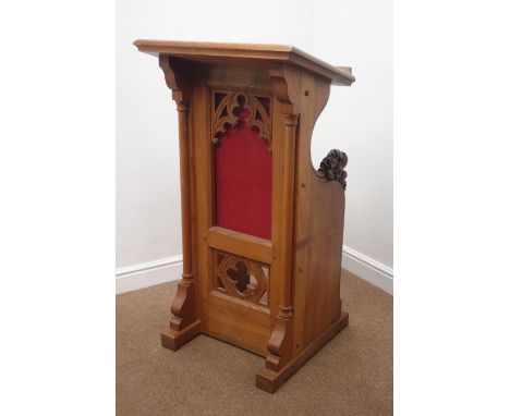 Edwardian oak lectern, front with carved tracery panels flanked with plain columns supporting sloping top concealing an open 