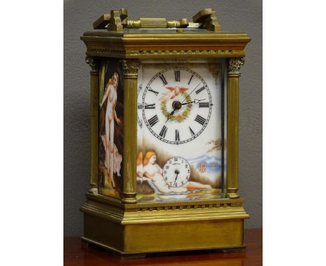 20th century brass alarm carriage clock, painted porcelain dial and panels depicting nude women, four Corinthian column pilas