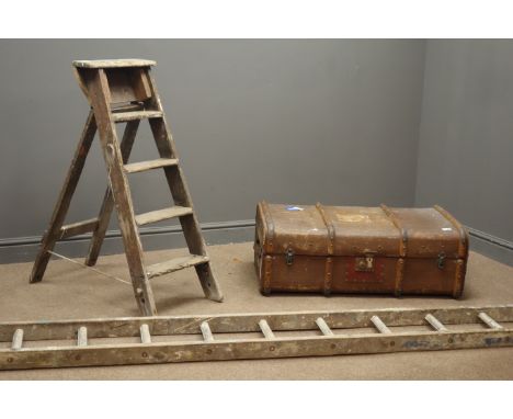 Early 20th century travelling trunk, hinged lid and clasps with fitted interior (W90cm, H35cm, D56cm), vintage folding step l