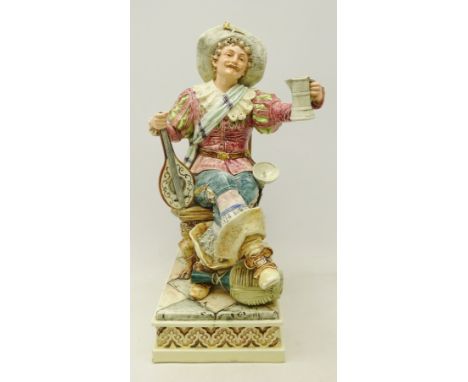 Large early 20th century Italian figure of a seated gentleman in 17th century style costume with a sword by his side, holding