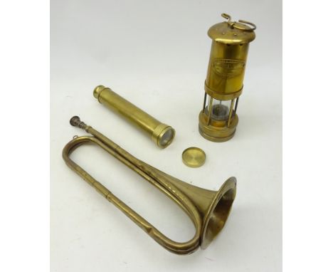 Miner's brass safety lamp by E.Thomas & Williams Ltd, Boosey & Co brass bugle dated 1930 with braod arrow mark and brass thre