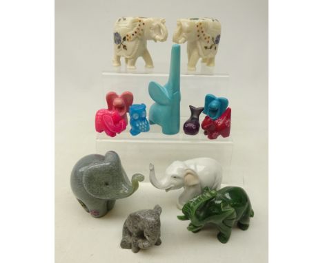 Group of elephant models including Lladro, carved Jade, Langham Glass, soapstone etc and other models (13) Condition Report C