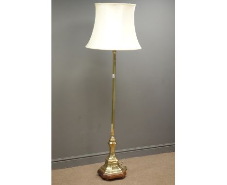 Brass standard lamp, faceted column, square wooden base with canted corners, H145cm Condition Report Click here for further i