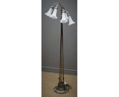 Tiffany style five branch standard lamp, metal floral moulded base, H153cm Condition Report Click here for further images, co