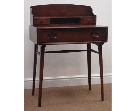 Ercol stained elm desk, raised shaped back with shelf, two small and one long drawers, tapering supports with turned stretche