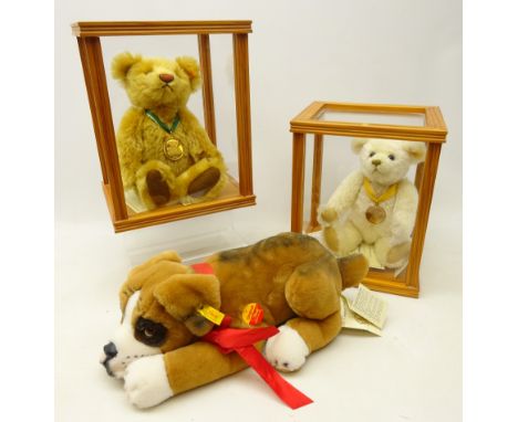 Steiff Millennium bear in pine display case, with certificate, 2001 Steiff bear with certificate in pine display case and a S