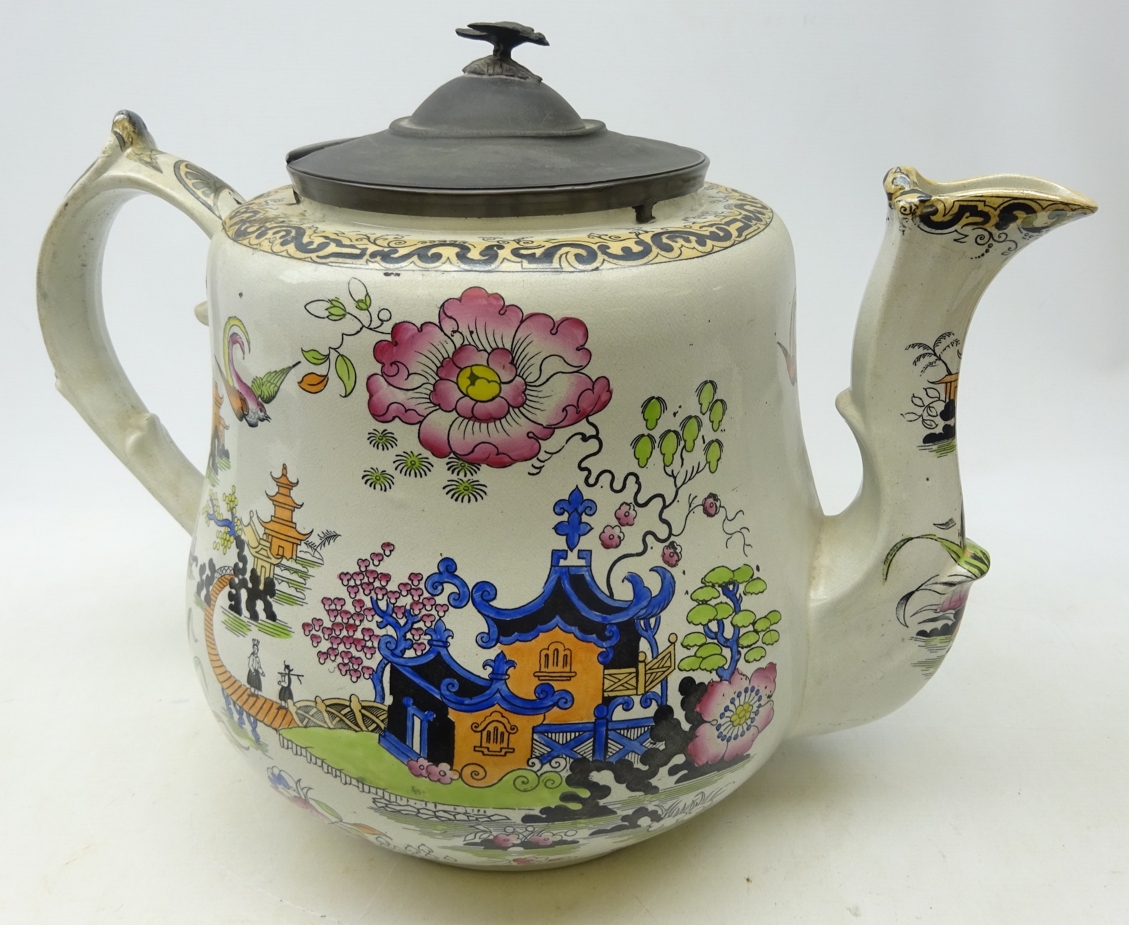 Large 19th century Ironstone shop display teapot, pewter lid with bird