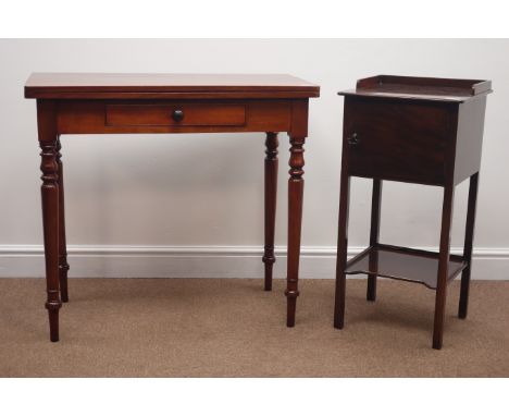 19th century mahogany fold over tea table with plain top, turned legs and double gate-leg action (86cm x 84cm, H76cm), and a 