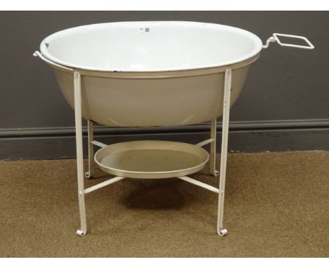 Vintage enamel bath on wrought metal stand, W70cm, H54cm, D54cm Condition Report Click here for further images, condition, au