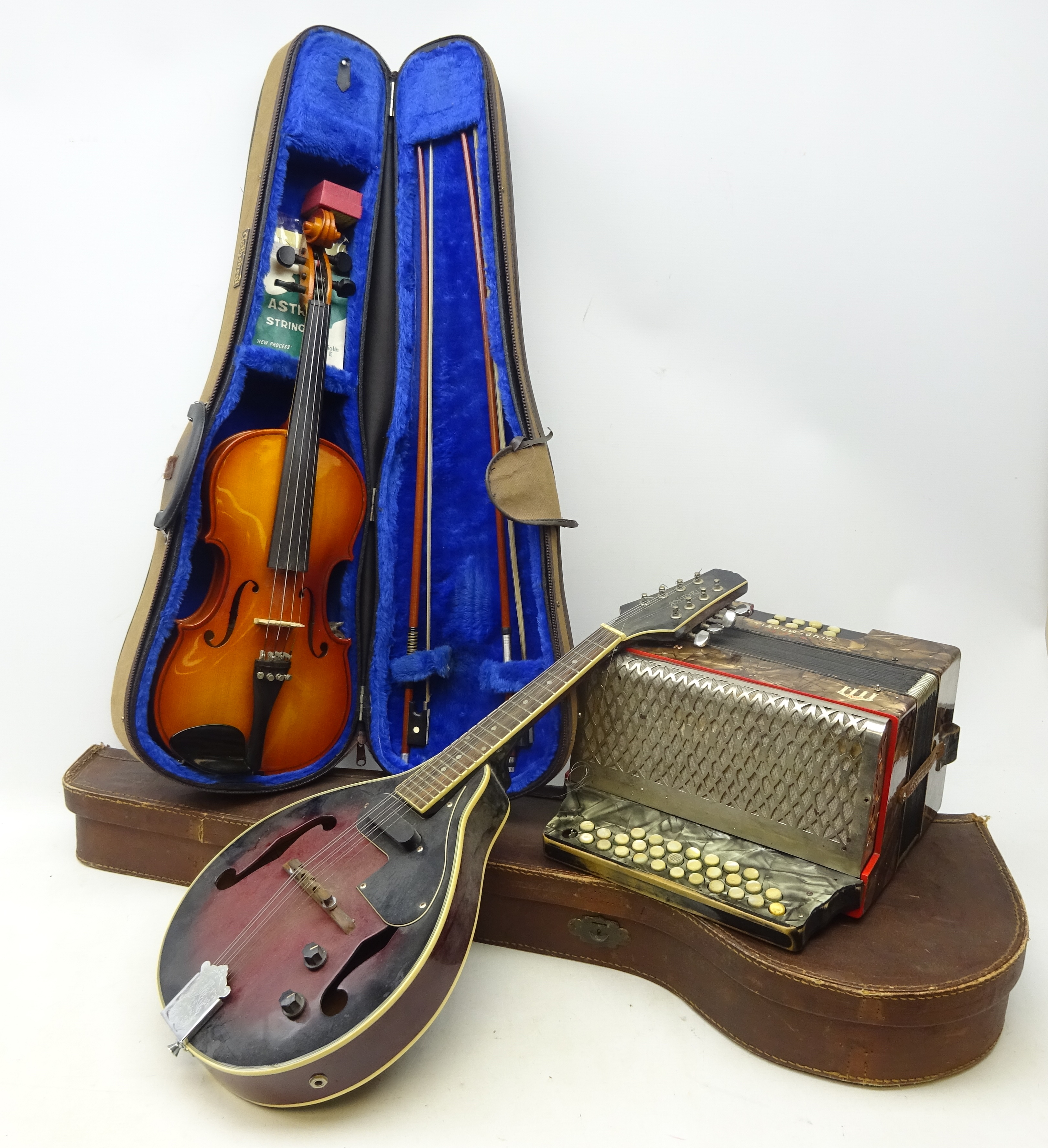 Antoria M5 mandolin with spare strings, Cathedral violin in case with