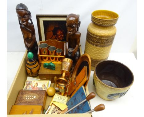 Pair carved hardwood African figures, set of three copper measures, vintage Sewing Susan needles, Eastern carved boxes, coppe