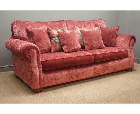 Grand sofa upholstered in a maroon velvet fabric, (W220cm) and storage stools