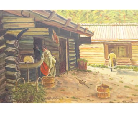 Figures Outside Log Houses, 20th century oil on canvas signed and dated 1938 by Muritz Finström (1894-1955), Rural Landscapes