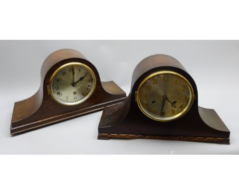 20th century mantel clock in domed oak case, silvered Arabic dial and twin train movement chiming the quarter hours on rods, 