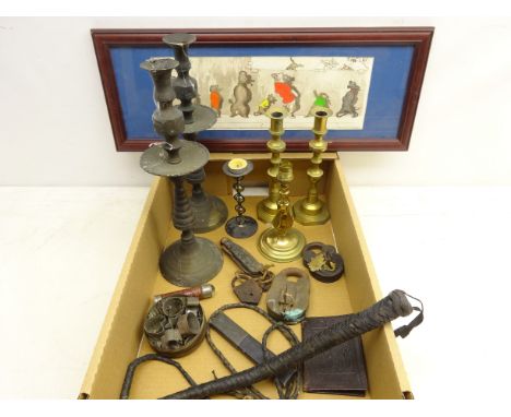 Godrej brass padlock with anchor trade mark, other padlocks, brass candlesticks, plaited leather bull whip, folding knife, Bo
