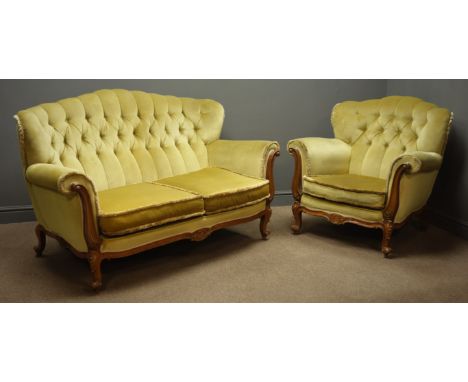 20th century French style walnut framed three piece lounge suite, two seat sofa (W154cm), and a matching armchair (W90cm) Con