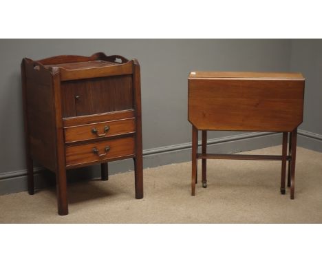 Georgian mahogany bedside nightstand, tambour door above two drawers (W50cm, H76cm, D42cm), and a small mahogany drop leaf ta