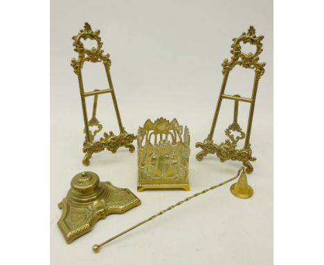 Pair brass table top picture easels, H25cm, Art Nouveau pierced brass stand, similar style ink stand stamped 'Mod Brevet' and