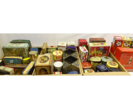 Large collection of vintage advertising tins including Cadbury's, Mintoes, Bensons Toffee, H25cm, pencil holder in the form o