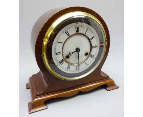 Edwardian mahogany mantel Clock, balloon shaped case outlined with banding, brass bezel with circular Roman dial, twin train 