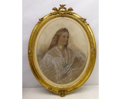 Portrait of a Lady, oval pastel drawing signed by Jane Masters Rogers 'London' (British fl.1847-1870) 47cm x 37cm in gilt fra