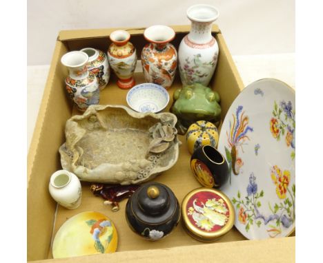 Kutani vases, ceramic Frog with green glaze, stoneware planter in the form of a Rock Pool, salt shaker in the form of a pumpk